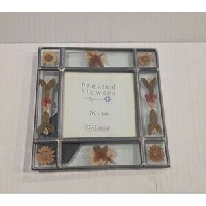 Pressed Flowers In Metal & Glass Picture Frame By Malden Vintage 3.5" x 3.5"